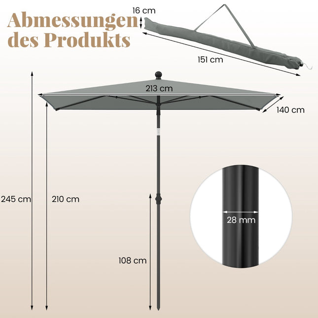 Rechthoekige balkonparasol, 210x140 cm, grijs, verstelbaar