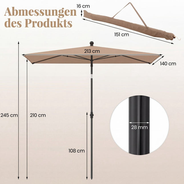 Rechthoekige balkonparasol, kantelbaar, bruin, 213x140 cm
