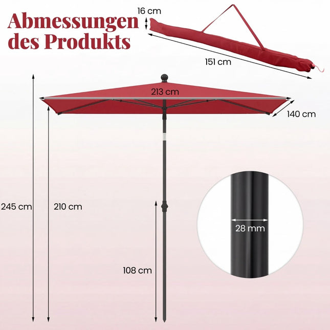 Rechthoekige balkonparasol, kantelbaar, rood, 213x140 cm
