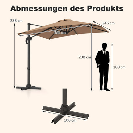 Obdélníkový boční slunečník 250x250 cm s klikou, hnědá