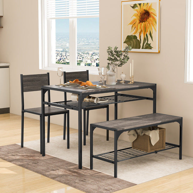 Rechthoekige eettafelset met bank, 2 stoelen en opbergplank.