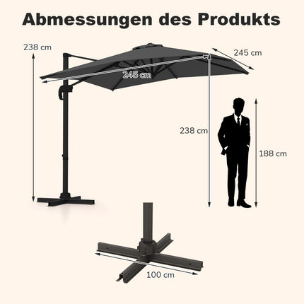 Rechteckiger Terrassenschirm, 250x250 cm, Verstellbar, Grau