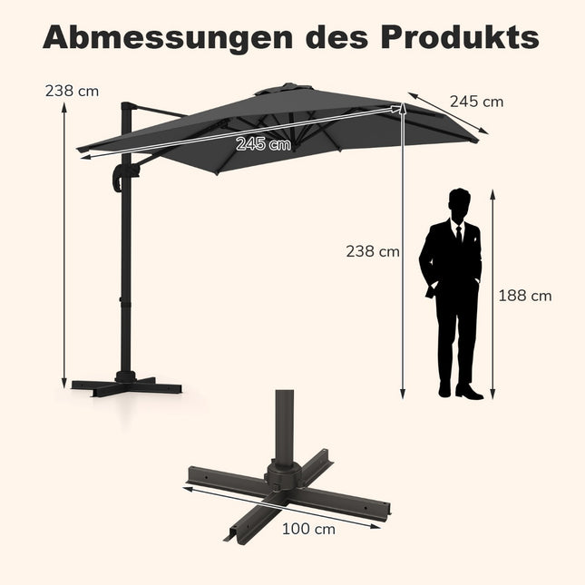 Obdélníkový zahradní slunečník, 250x250 cm, nastavitelný, šedá