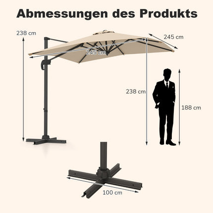 Obdélníkový zahradní slunečník 250x250 cm s klikou, béžová