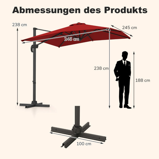Obdélníkový zahradní slunečník 250x250 cm s klikou, červená