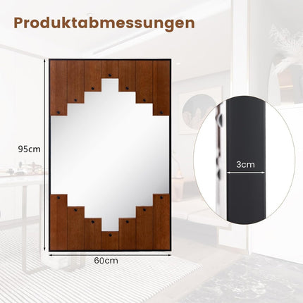 Rechteckiger Spiegel mit Holzrahmen 60 x 95 cm rustikaler Wandspiegel mit Zweiwegehaken