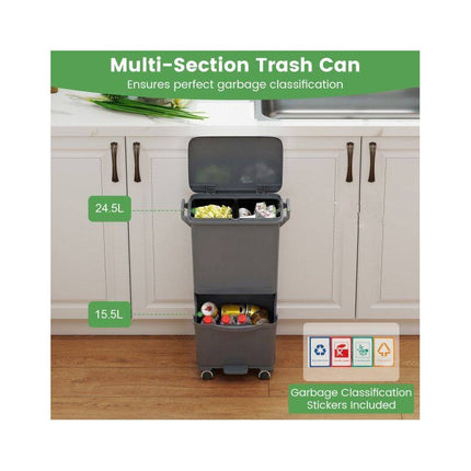 Recycling Waste Bin 36L with 2 Removable 10L Compartments, Grey, Foot Pedal