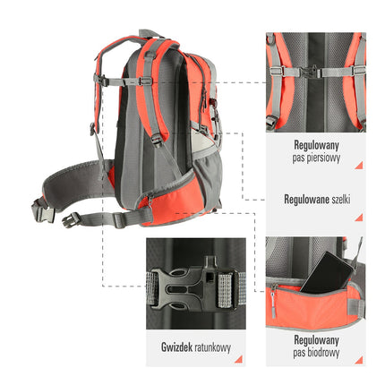 Rode wandelrugzak, 30 liter inhoud, lichtgewicht