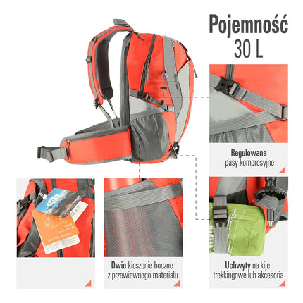 Rode wandelrugzak, 30 liter inhoud, lichtgewicht
