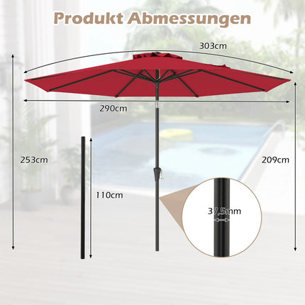 Zahradní slunečník s klikou, 300 cm, naklápěcí, červený