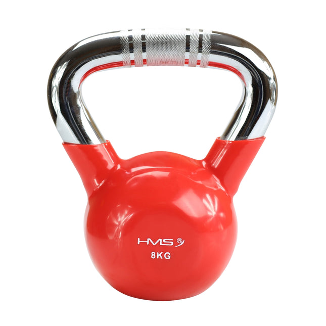 Litinový kettlebell s vinylovým povrchem, chromovaná rukojeť, červený