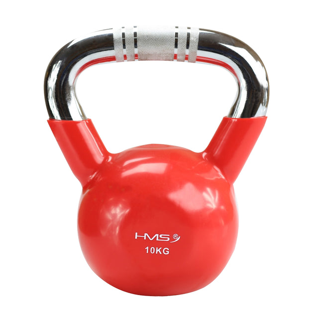 Litinový kettlebell s vinylovým povrchem, chromovaná rukojeť, červený