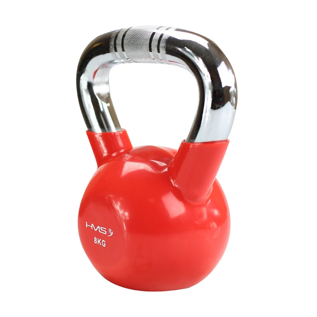 Litinový kettlebell s vinylovým povrchem, chromovaná rukojeť, červený