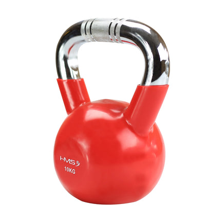 Rote Vinyl-beschichtete Kettlebell aus Gusseisen, Chromgriff