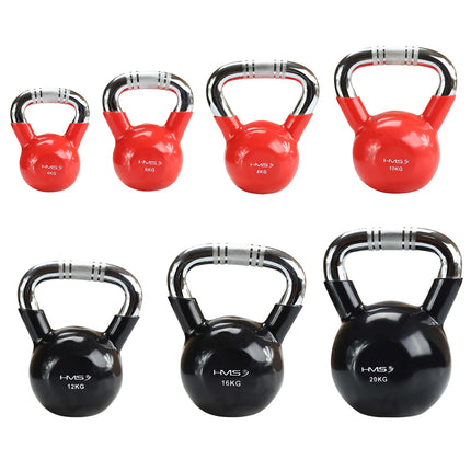 Rote Vinyl-beschichtete Kettlebell aus Gusseisen, Chromgriff