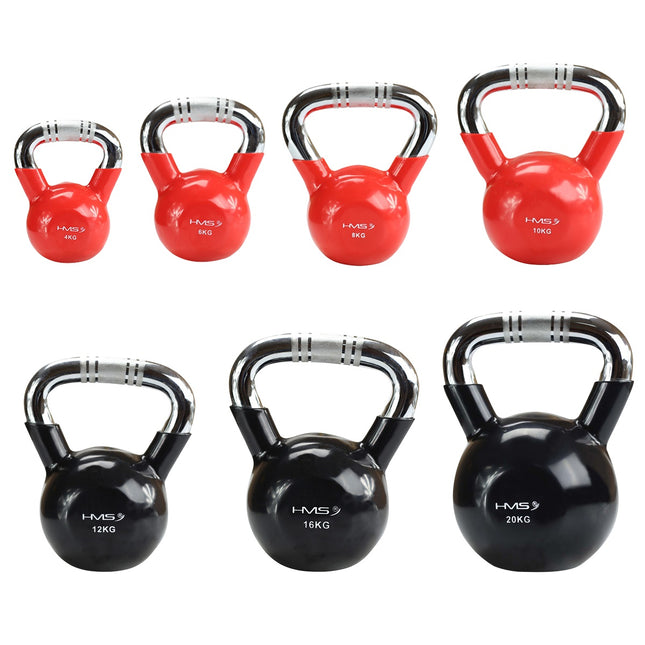 Litinový kettlebell s vinylovým povrchem, chromovaná rukojeť, červený