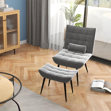 Šedé relaxační křeslo s podnožkou, sametové čalounění, pohodlné polštáře