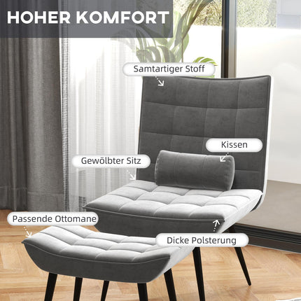 Šedé relaxační křeslo s podnožkou, sametové čalounění, pohodlné polštáře