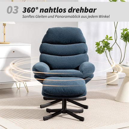 Relaxační křeslo s podnožkou, žinylková látka, modré, otočné 360°