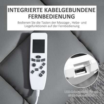 Elektrické polohovací křeslo s USB, masáží a kolečky, šedá