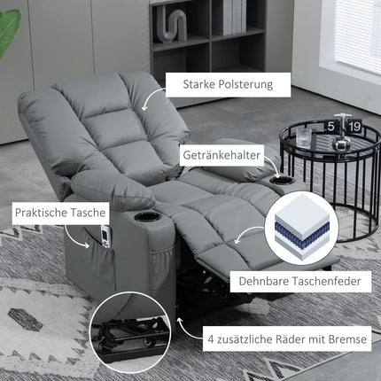 Elektrické polohovací křeslo s USB, masáží a kolečky, šedá