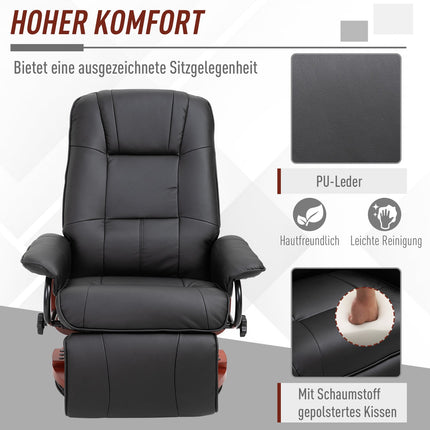 Reclining chair in artificial leather with footrest, swivel, black