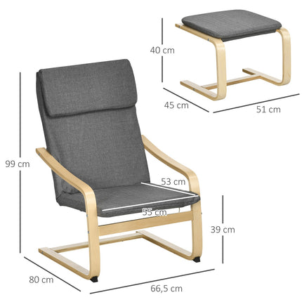 Relaxační křeslo v šedém lnu s područkami a podnožkou