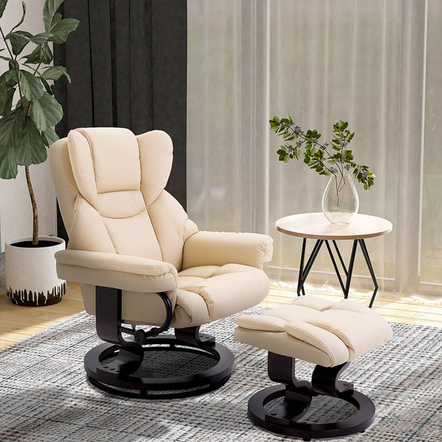 Reclining relaxation chair with stool, artificial leather cream