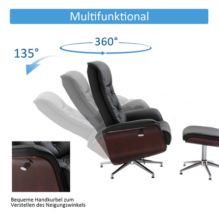 Relaxační křeslo Chesterfield s taburetem, otočné o 360°, PU kůže