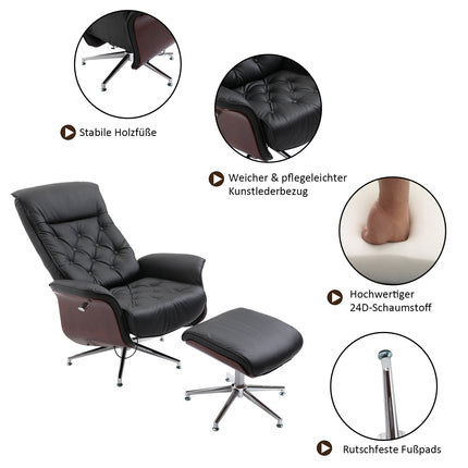 Relaxační křeslo Chesterfield s taburetem, otočné o 360°, PU kůže