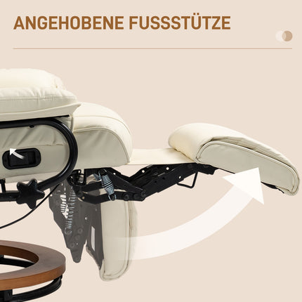 Swivel armchair with footrest, synthetic leather, cream white