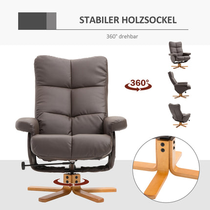 Křeslo s taburetem, úložným prostorem a otočným mechanismem, hnědá PU kůže