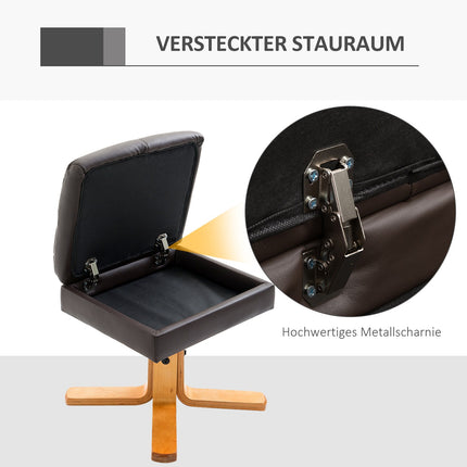 Křeslo s taburetem, úložným prostorem a otočným mechanismem, hnědá PU kůže