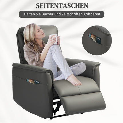 Reclining TV chair with footrest and side pocket, light grey