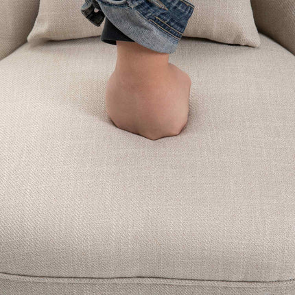 Relaxační křeslo krémově bílé ve vzhledu lnu, dřevěné nohy