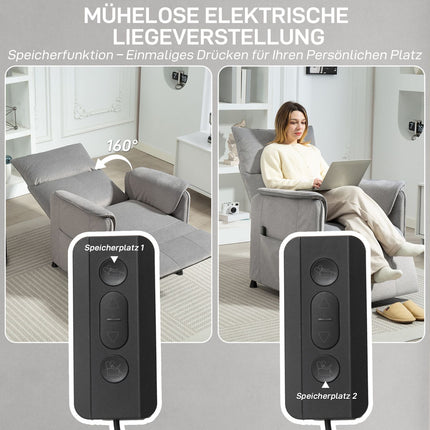 Elektrické polohovací křeslo, tiché, paměťová funkce, šedý samet