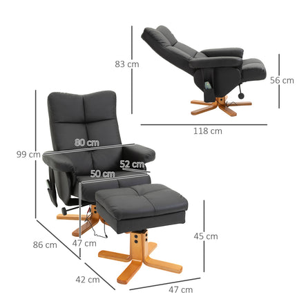 masážní křeslo s podnožkou, sklon 145°, černé