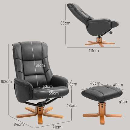 Lehátko s taburetem, otočné o 360°, syntetická kůže, černá