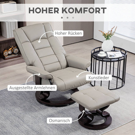 Polohovací relaxační křeslo s taburetem, umělá kůže, šedá