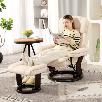 Krémové relaxační křeslo z umělé kůže s podnožkou, otočné o 360°