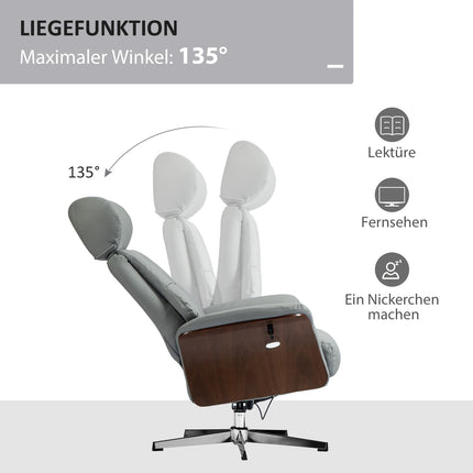 Lounger with ottoman, adjustable headrest, light gray artificial leather