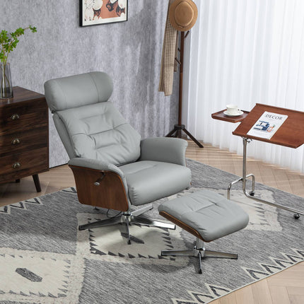 Lounger with ottoman, adjustable headrest, light gray artificial leather