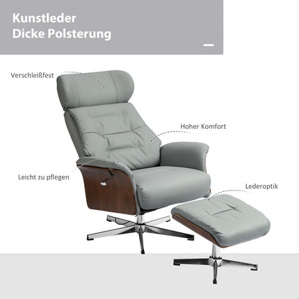 Lounger with ottoman, adjustable headrest, light gray artificial leather