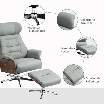 Lounger with ottoman, adjustable headrest, light gray artificial leather