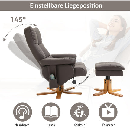 Hnědé relaxační křeslo z umělé kůže s masáží a podnožkou