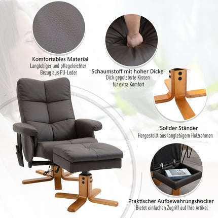 Hnědé relaxační křeslo z umělé kůže s masáží a podnožkou
