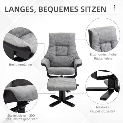 Otočné polohovací křeslo s taburetem, mikrovlákno, šedá