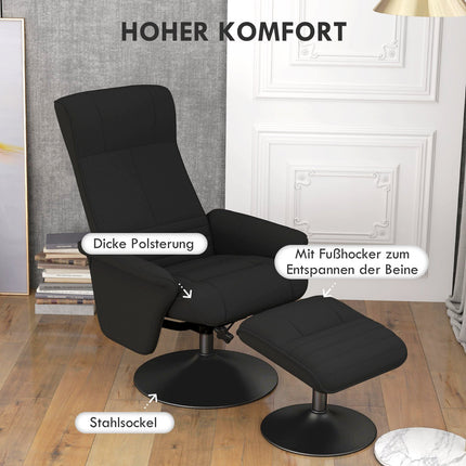 Black lounge chair in microfiber with stool, 150 kg Capacity