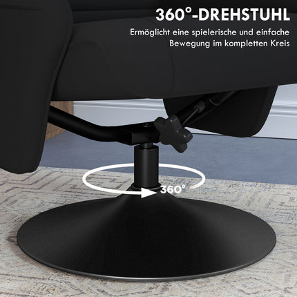 Black lounge chair in microfiber with stool, 150 kg Capacity