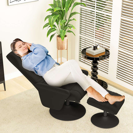 Black lounge chair in microfiber with stool, 150 kg Capacity